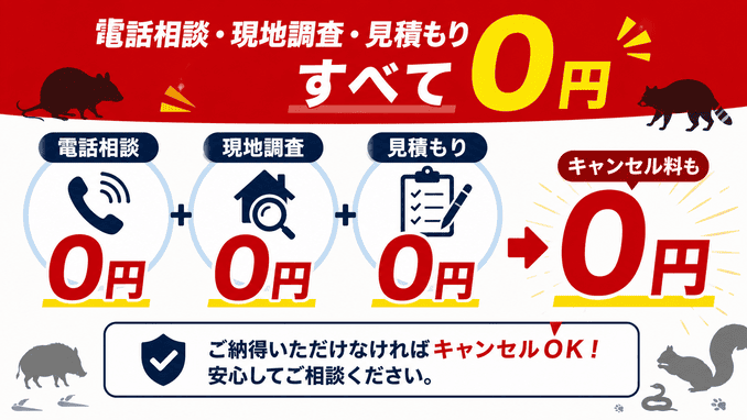 電話相談・現地調査・見積もり／すべて0円／キャンセル料も0円